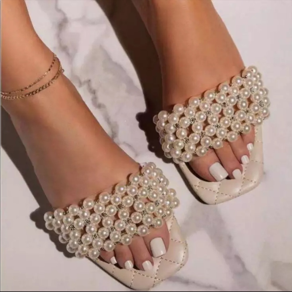 White pearl slide sandals
